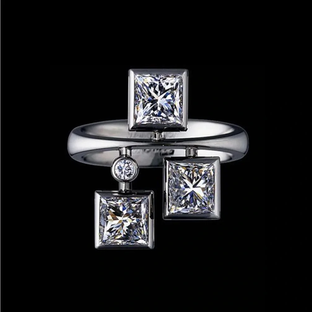 New 925 Silver Ladies Square Hip Hop Geometric Stereo Diamond Ring